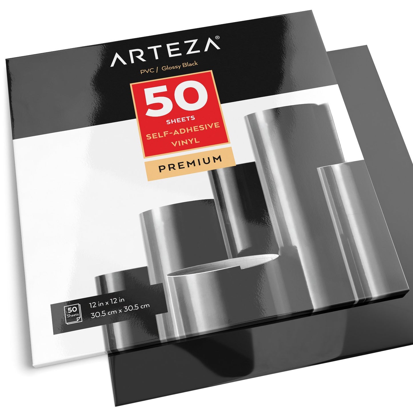Arteza Self Adhesive Vinyl, Glossy Black, 12" x 12" Sheets - Pack of 50