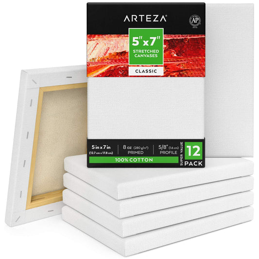 Arteza Classic Stretched Canvas, 5" x 7" - Pack of 12