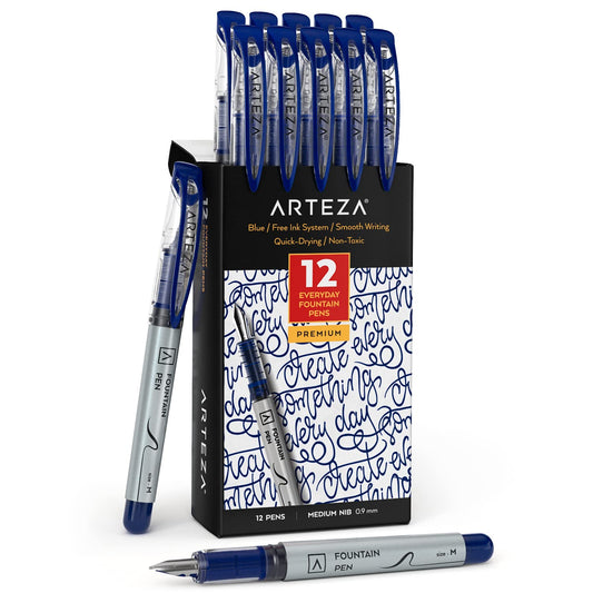 Arteza Fountain Pens, Blue, Medium Nib - 12 Pack