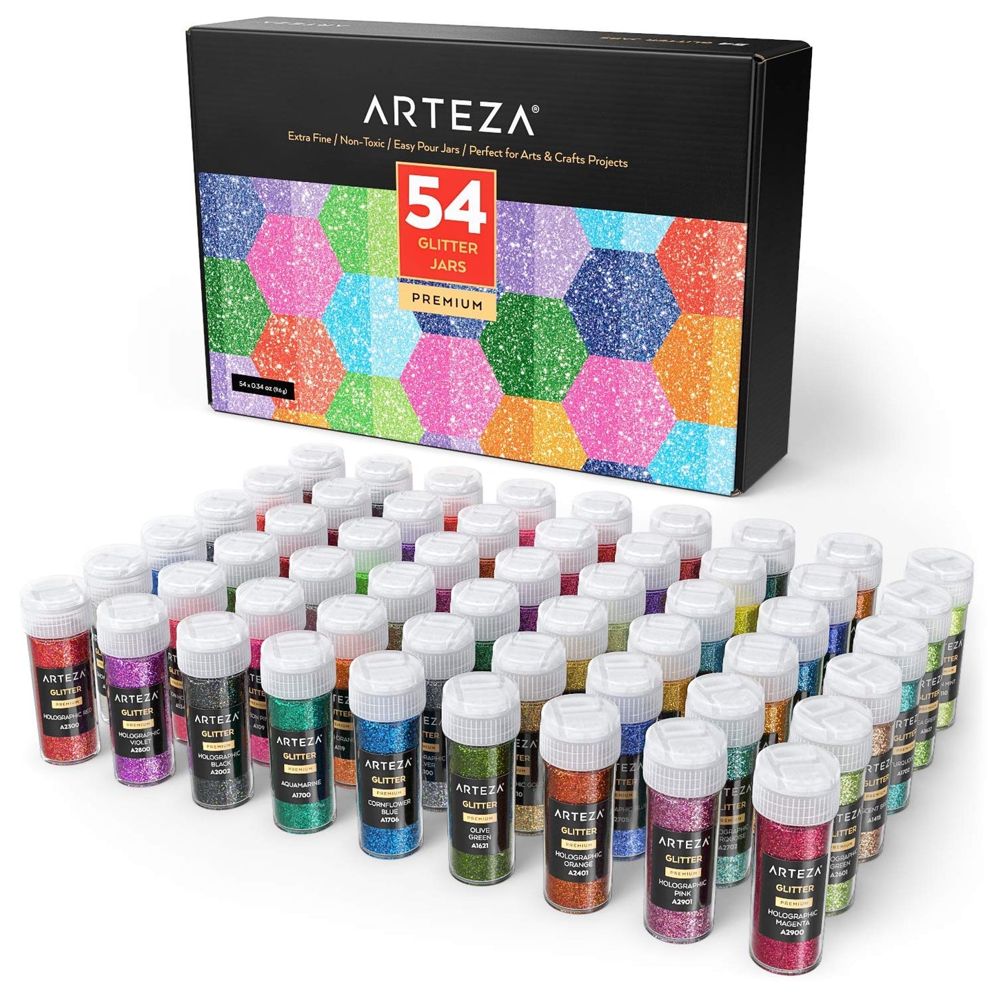 Arteza Extra Fine Glitter, Neon & Holographic - Set of 54