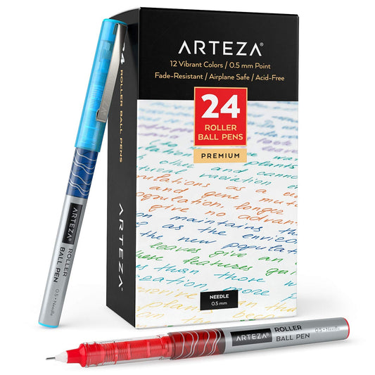 Arteza Roller Ball Pens, Multicolor, 0.5mm Nib - Set of 24