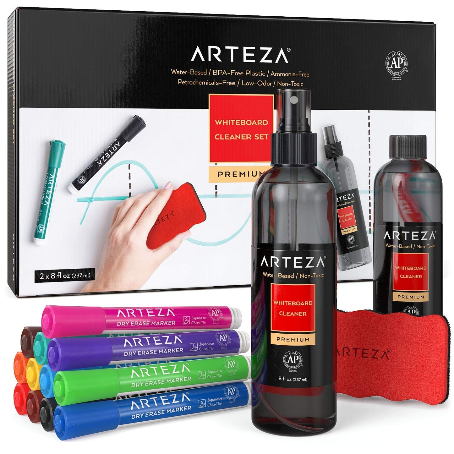 Arteza Whiteboard Cleaner Set with 12 Chisel Tip Dry Erase Markers