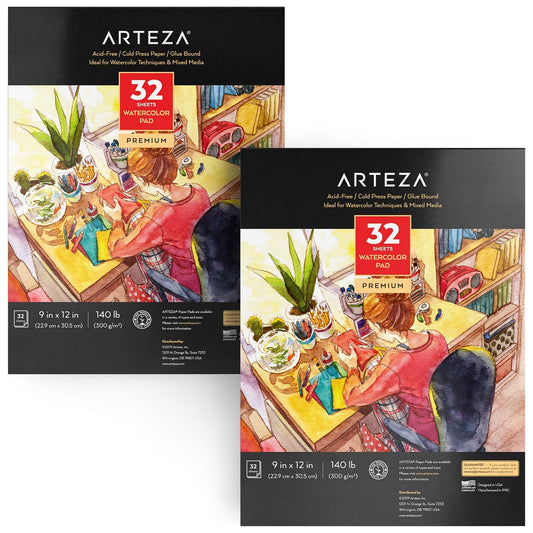 Arteza Premium Watercolor Pad, Cold-Pressed, 9" x 12", 32 Sheets - Pack of 2