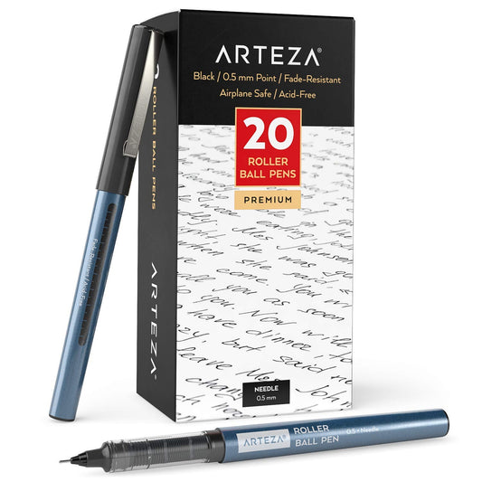 Arteza Roller Ball Pens, Black, 0.5mm Nib - 20 Pack