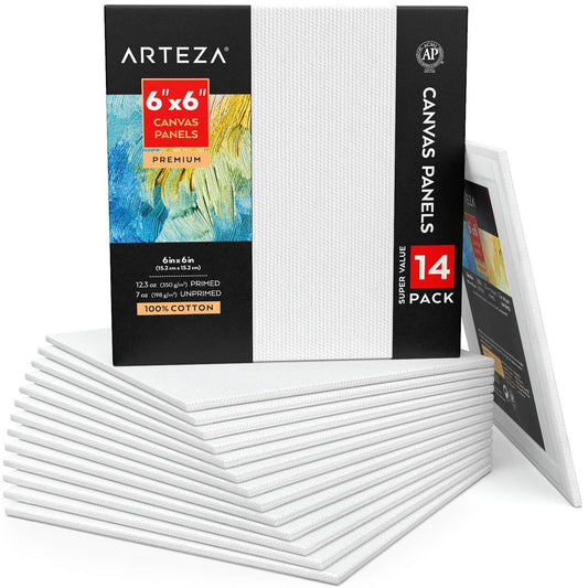 Arteza Premium Canvas Panels, 6" x 6" - Pack of 14