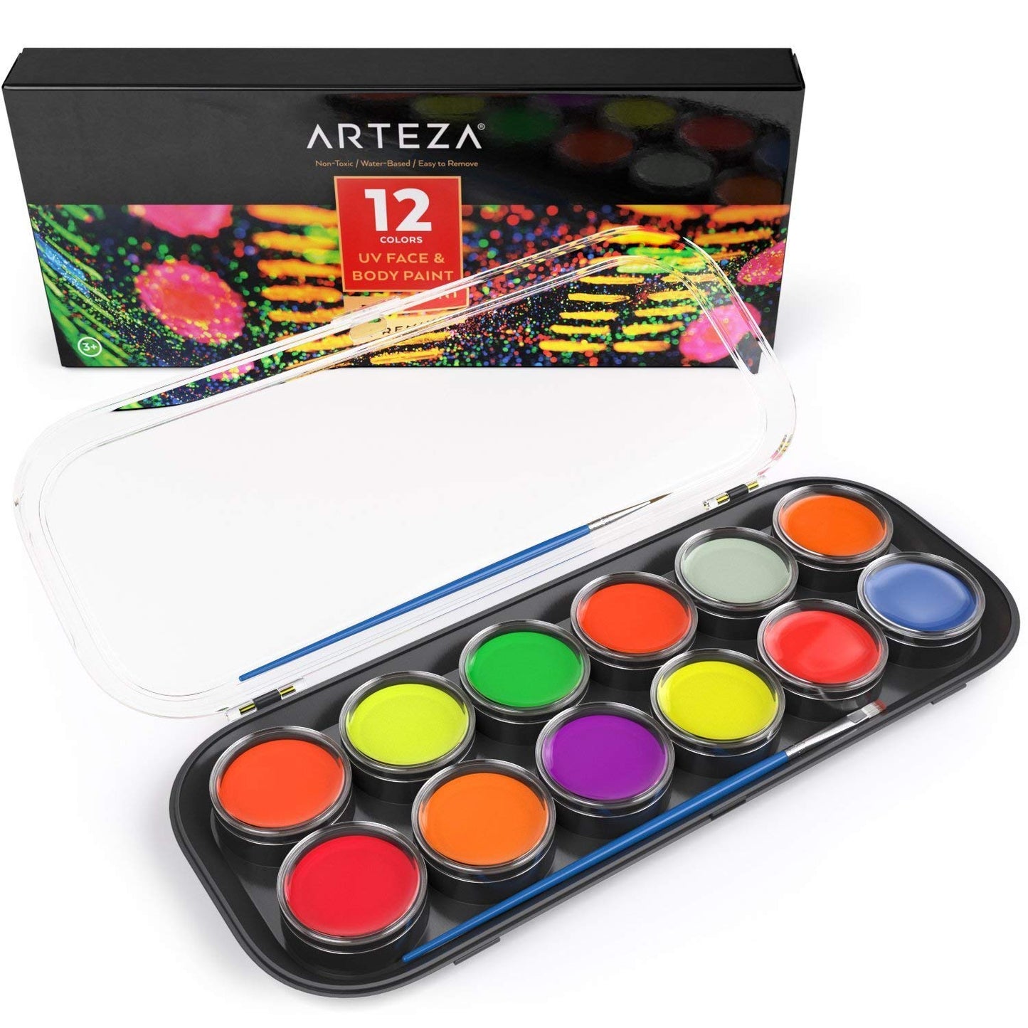 Arteza UV Face Paint Kit, 12 Neon Colors