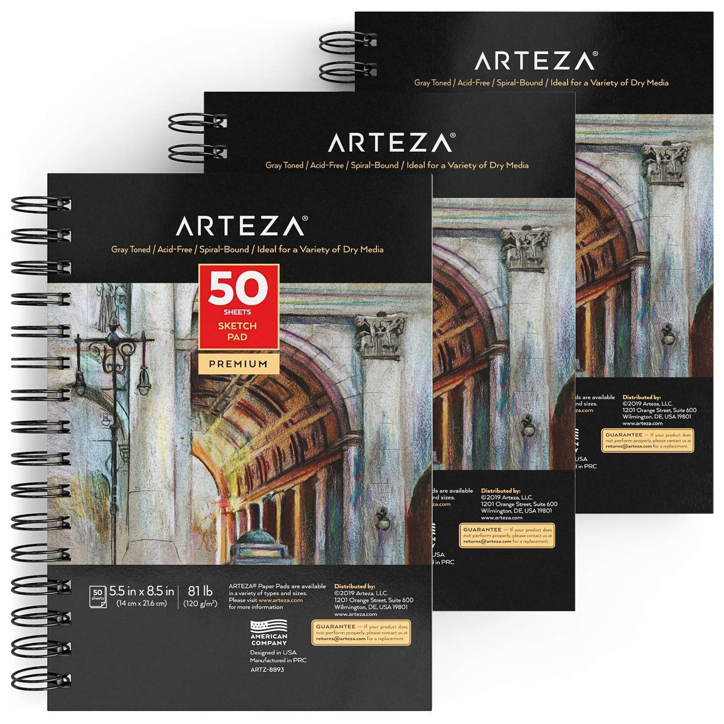 Arteza Gray Toned Sketchbook, 5.5" x 8.5", 50 Sheets - Pack of 3