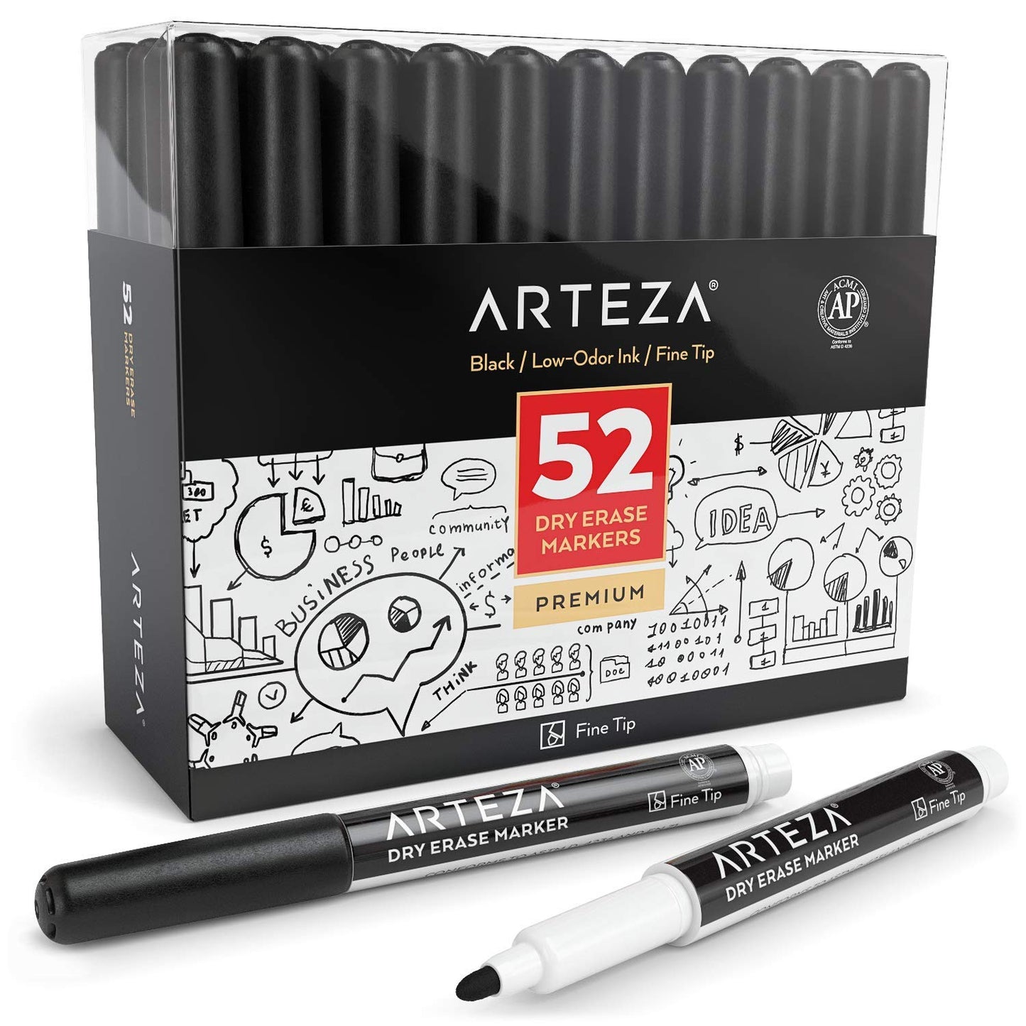 Arteza Dry Erase Markers, Black, Fine Tip - Pack of 52