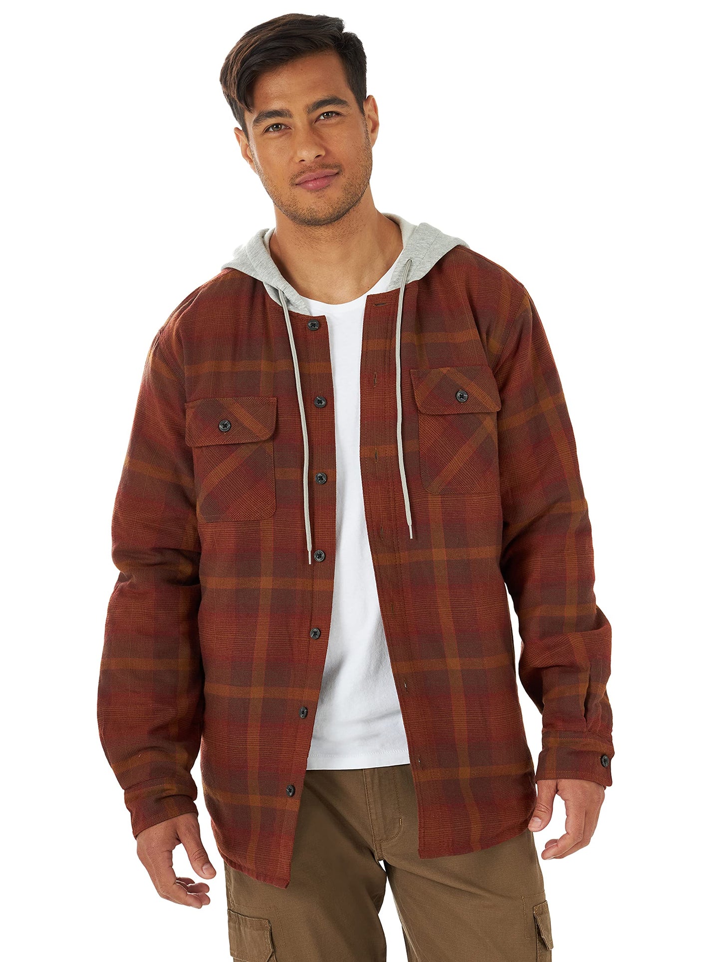 Wrangler Authentics Men's Long Sleeve Quilted Lined Flannel Shirt Jacket with Hood, Toffee, X-Large