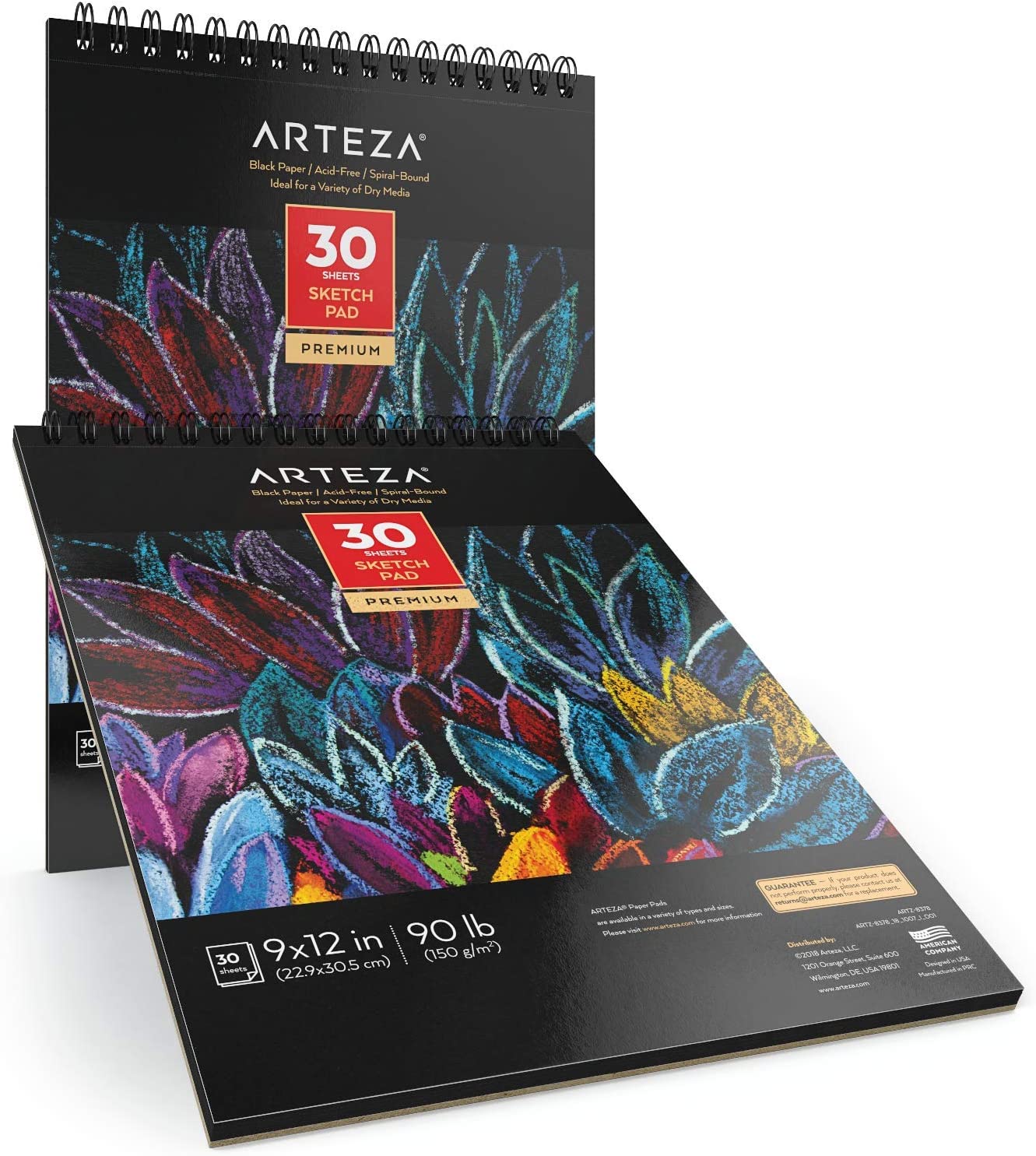 Arteza Black Paper Sketch Pad, 9" x 12", 30 Sheets - Pack of 2