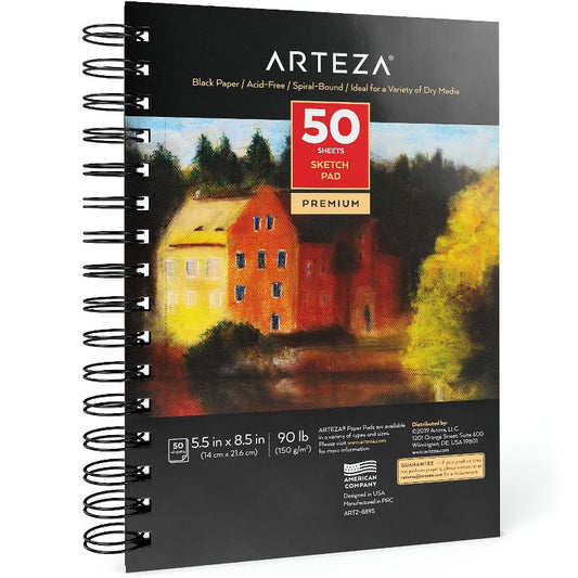 Arteza Black Paper Sketch Pad, 5.5" x 8.5", 50 Sheets