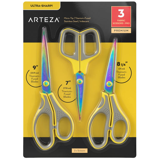 Arteza Fabric Scissors, Iridescent Blade, Ultra-Sharp, Assorted Sizes - Set of 3