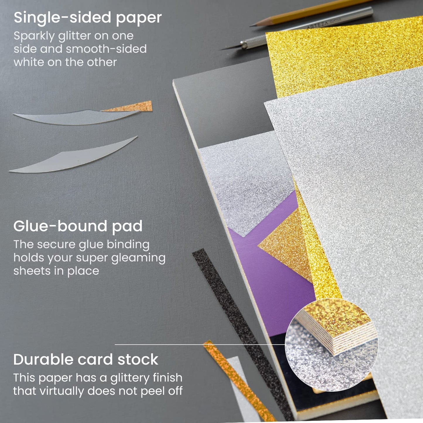 Arteza Glitter Paper, Gold & Silver, 12" x 12" - 24 Sheets