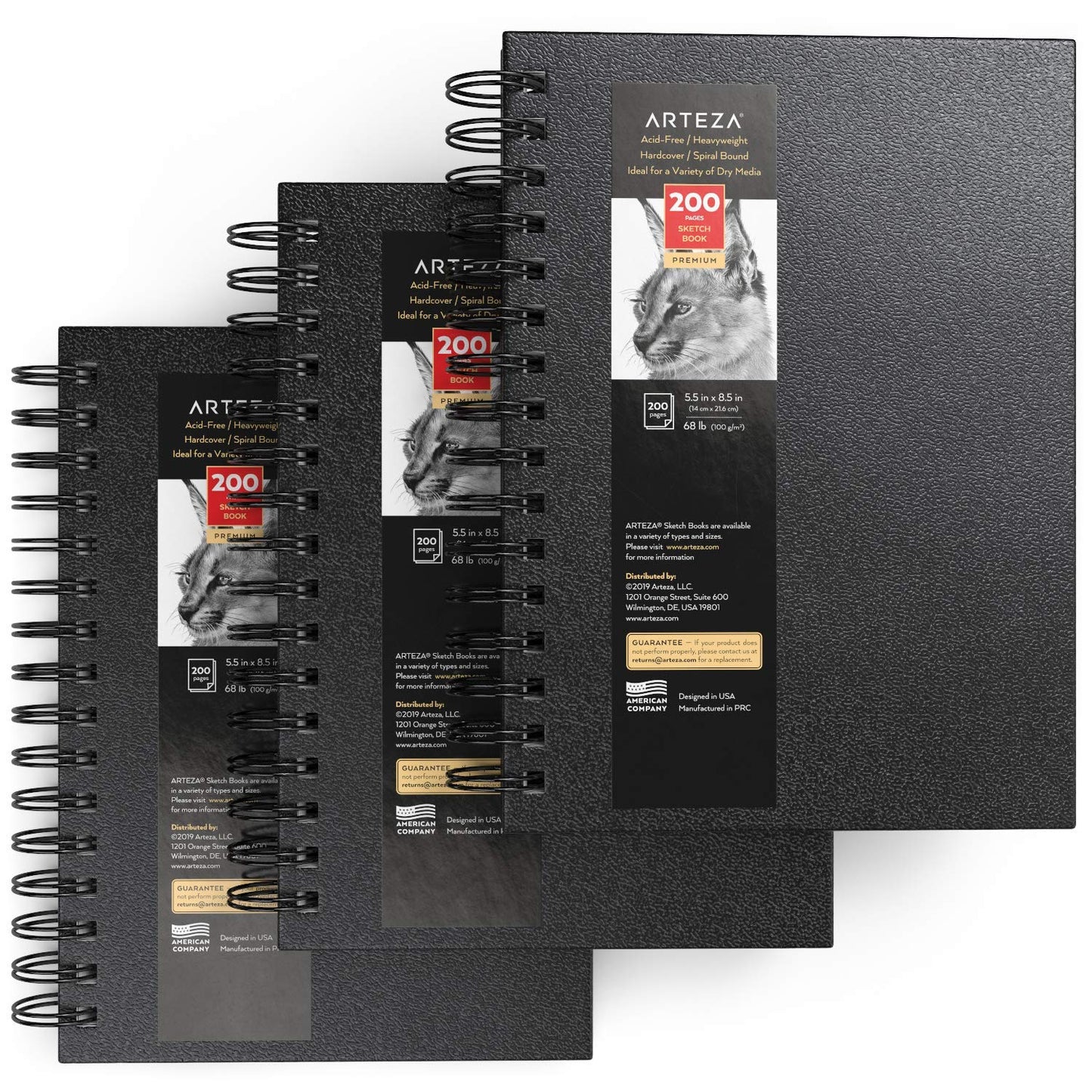 Arteza Sketchbook, Spiral-Bound Hardcover, Black, 5.5" x 8.5” - Pack of 3