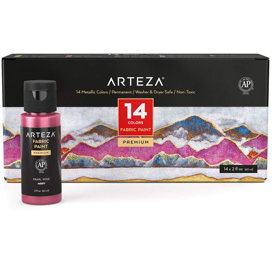 Arteza Fabric Paint, Metallic, 2oz Bottles - Set of 14