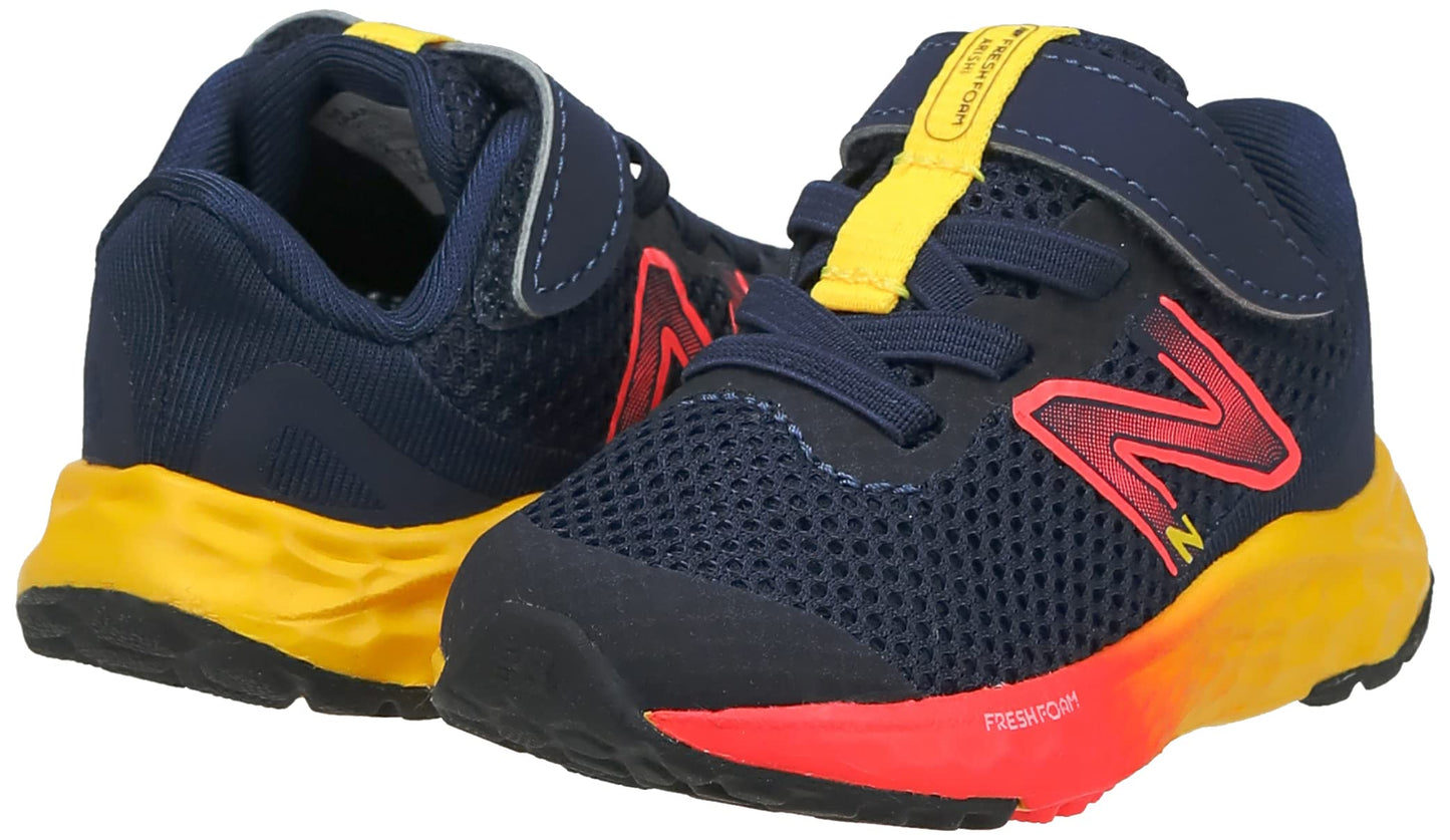 New Balance Baby Boys Fresh Foam Arishi V4 Hook and Loop Running Shoe, Team Navy/Electric Red/Egg Yolk, 2 Wide Infant