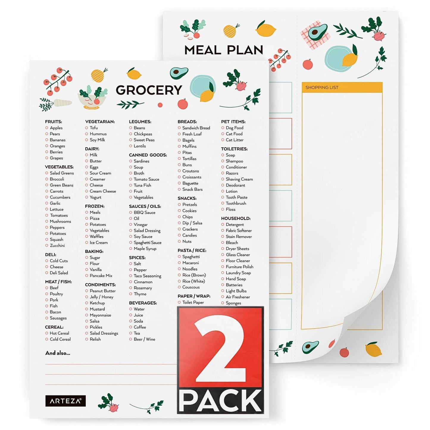 Arteza Meal Planning & Grocery List Magnetic Pads, 6x9 Inches, Pack of 2, 60 Pages Each