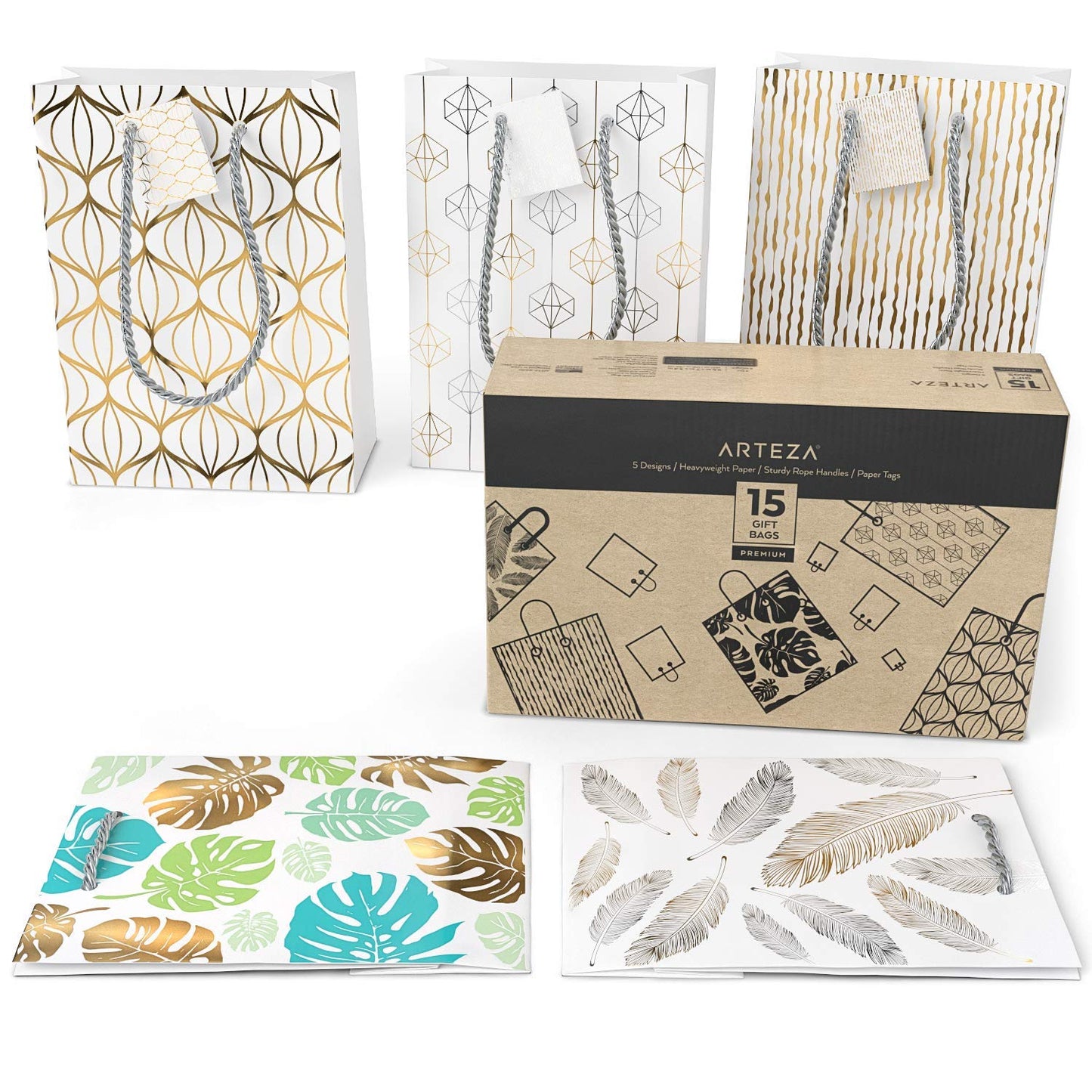 Arteza Gift Bags, White with Assorted Designs - Set of 15