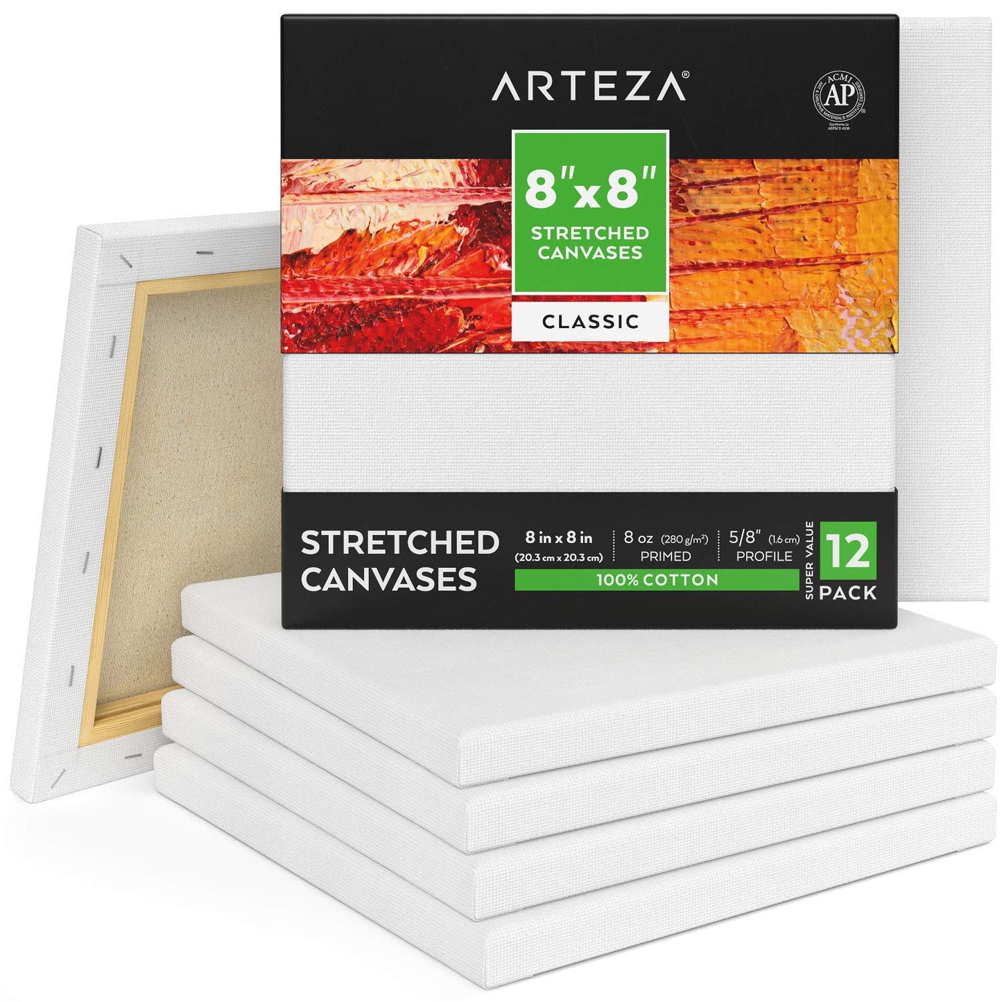 Arteza Classic Stretched Canvas, 8" x 8" - Pack of 12