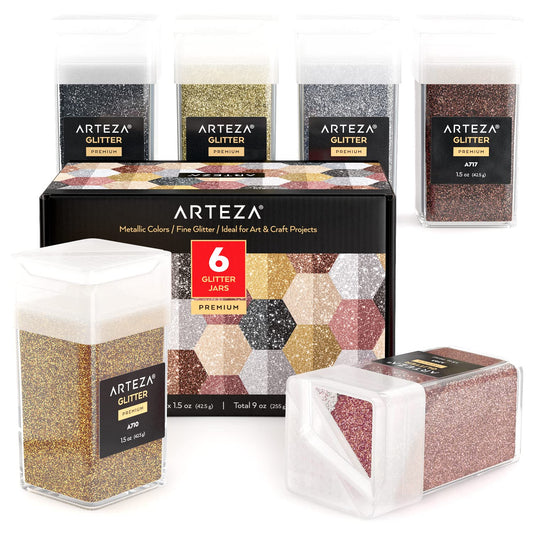 Arteza Fine Glitter, Metallic Colors, 1.5oz each - Set of 6