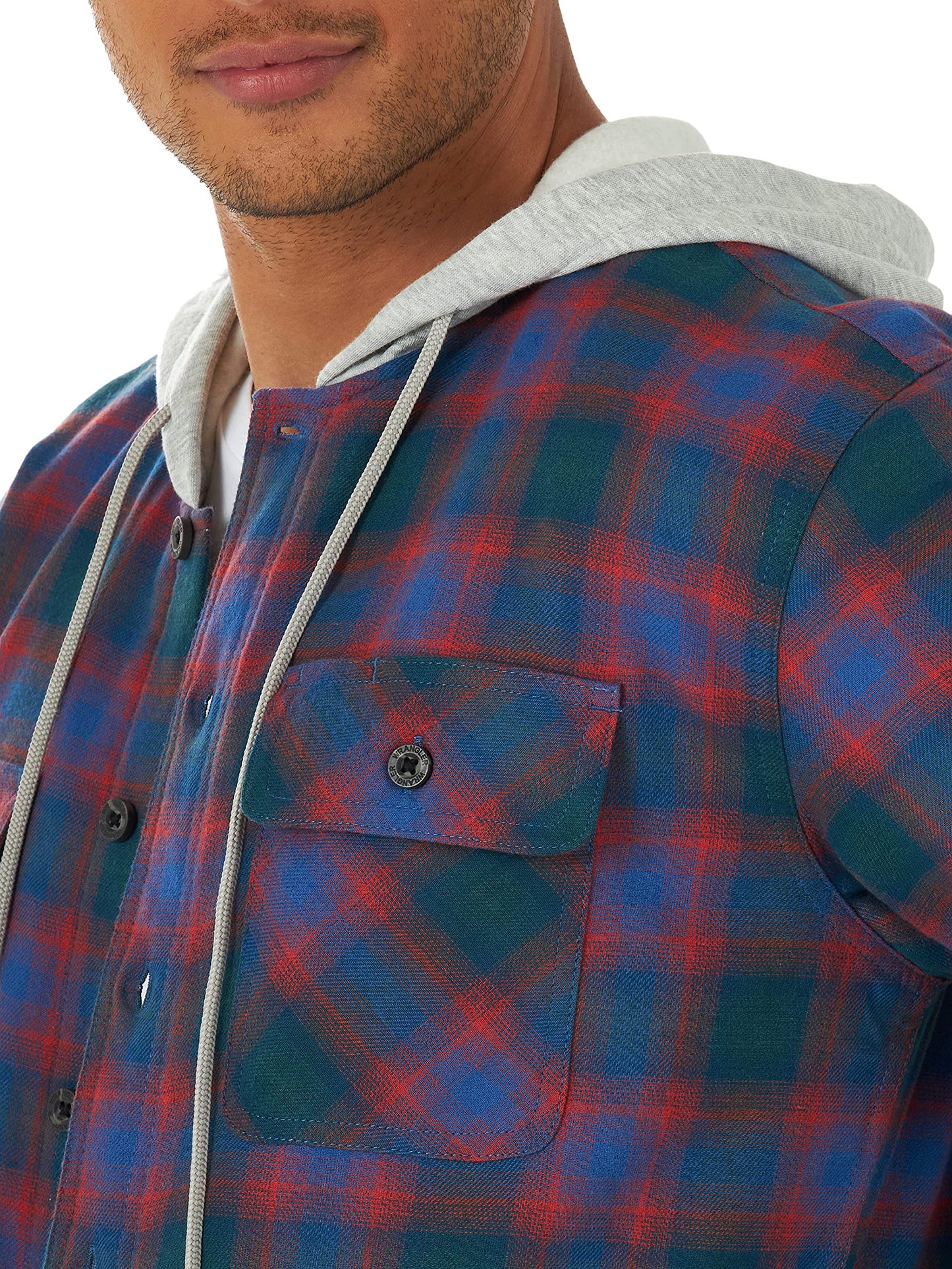 Wrangler Authentics Men's Long Sleeve Quilted Lined Flannel Shirt Jacket with Hood, Blue/Red, Medium