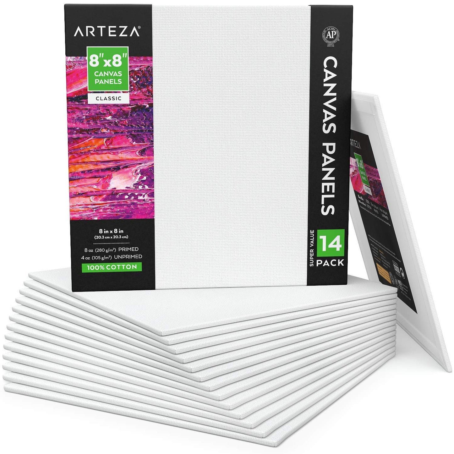 Arteza Classic Canvas Panels, 8" x 8" - 8 oz Gesso-Primed - Pack of 14
