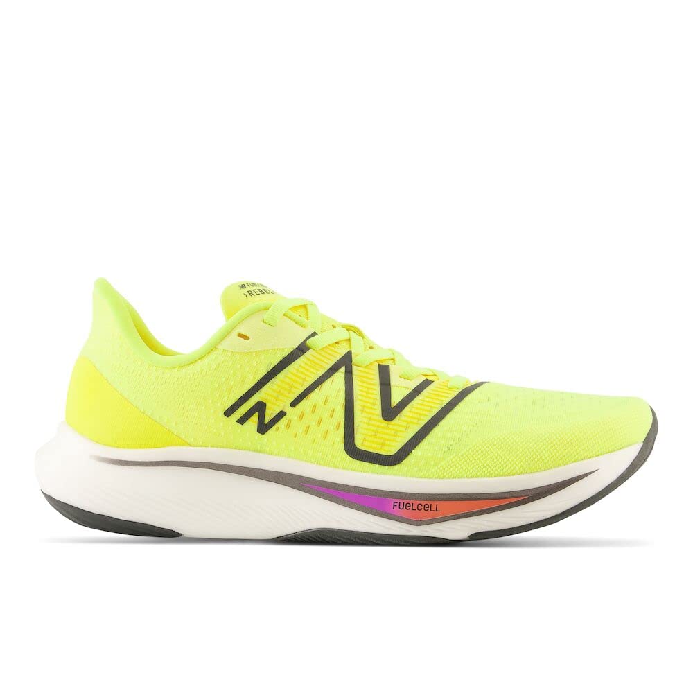 New Balance Men's FuelCell Rebel V3 Running Shoe, Cosmic Pineapple/Blacktop/Neon Dragonfly, 15