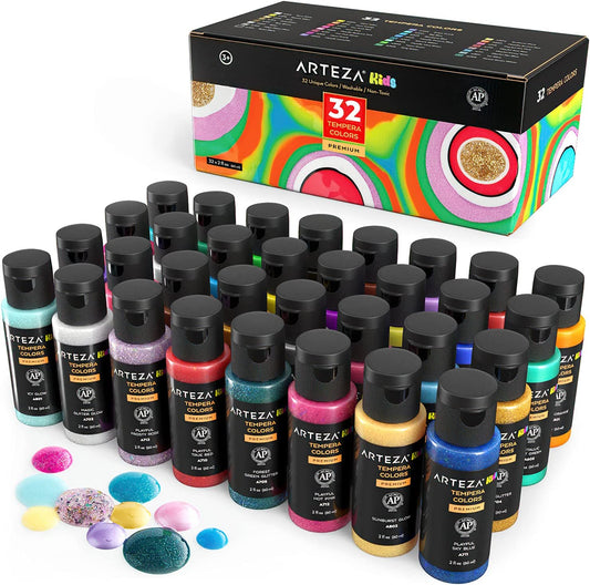 Arteza Kids Premium Tempera Paint, Assorted Colors, 2 oz Bottles - Set of 32