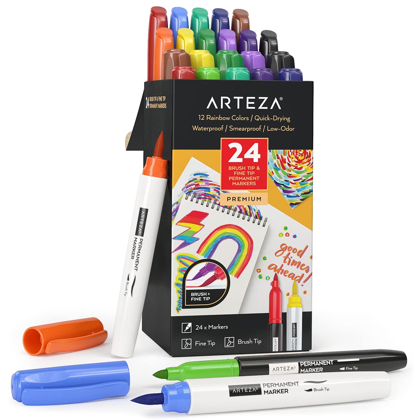 Arteza Permanent Marker, Rainbow, Brush & Fine Tip- Set of 24