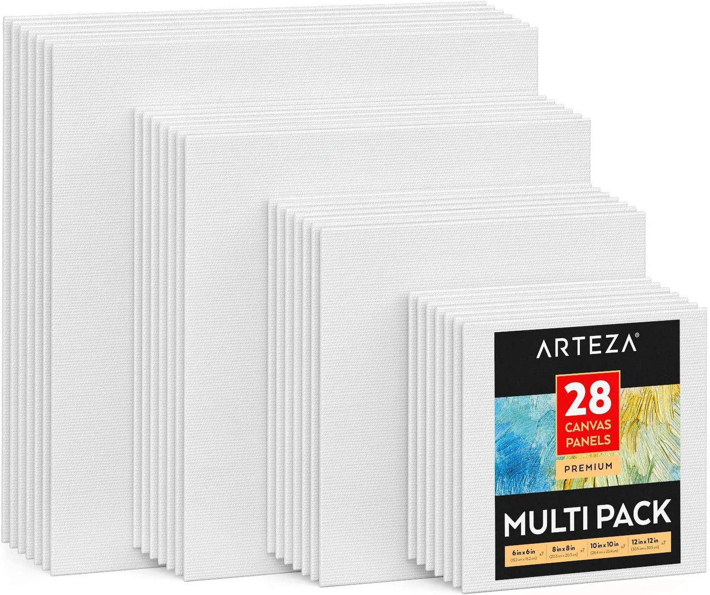 Arteza Premium Canvas Panels, Square, Multiple Sizes - Set of 28