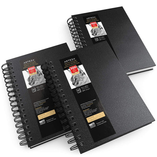 Arteza Sketchbook, Spiral-Bound Hardcover, Black, 5.5" x 8.5” - Pack of 3