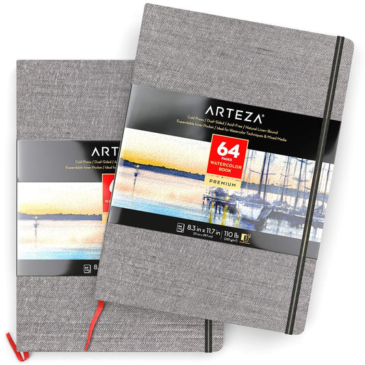 Arteza Watercolor Book, Gray Hardcover, 8" x 12", 64 Pages - Pack of 2