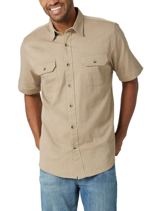 Wrangler Authentics mens Short Sleeve Classic Woven Button Down Shirt, Elmwood Heather, Medium US
