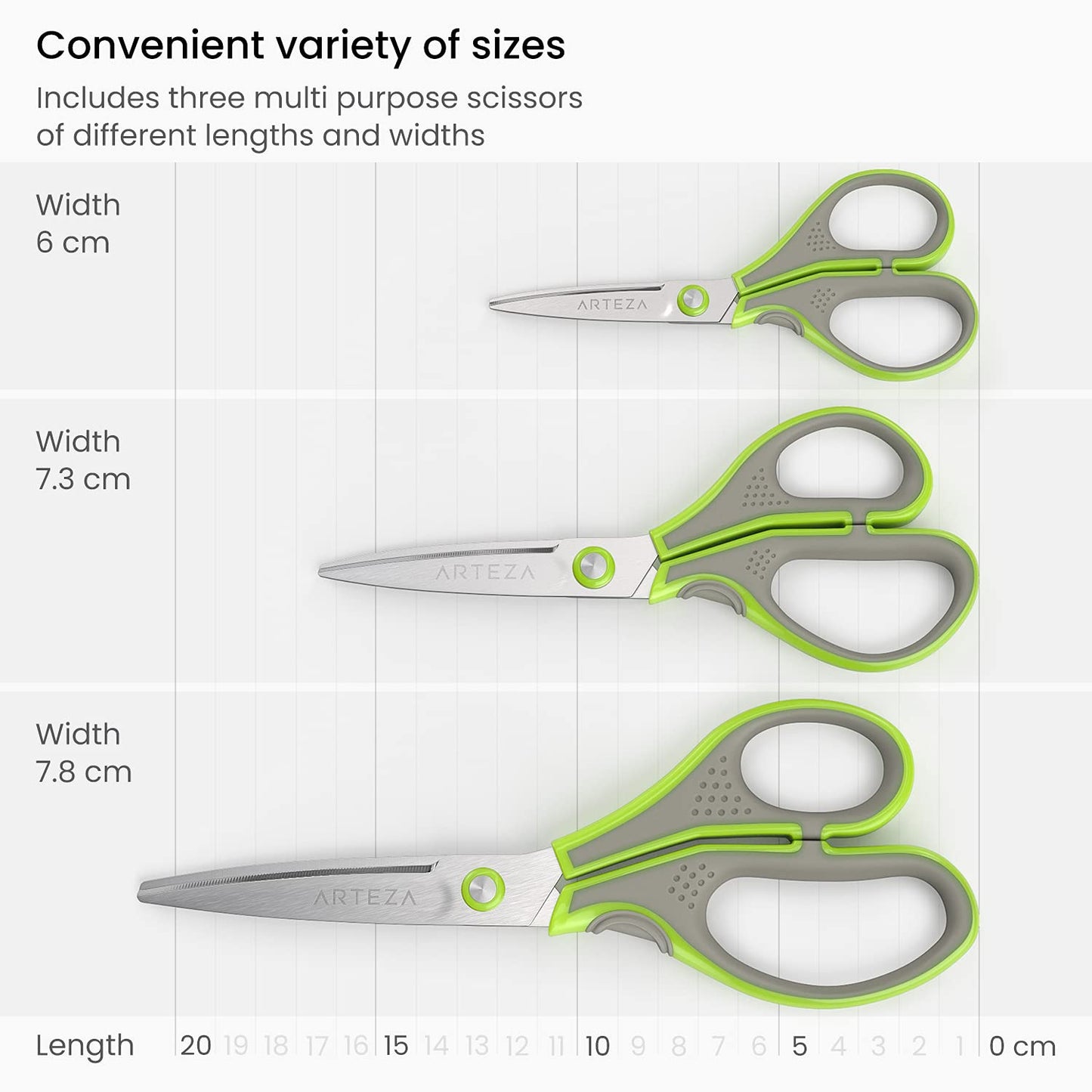 Arteza Multi-Pack Size Scissors, Stainless Steel - Set of 3