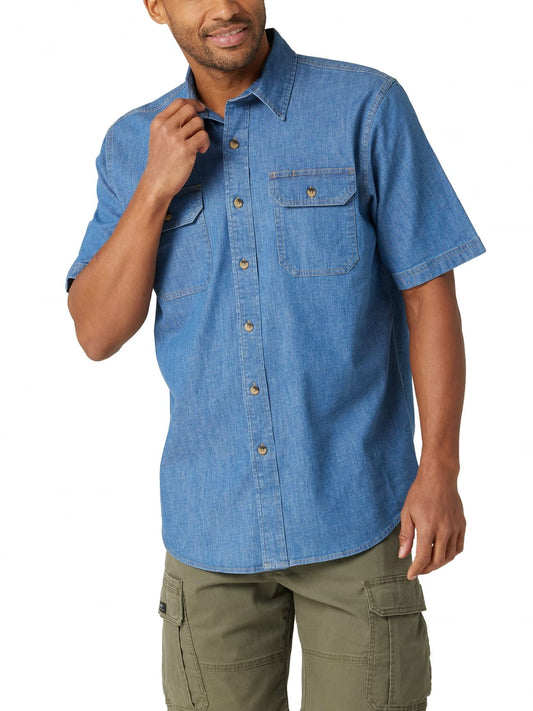 Wrangler Authentics mens Short Sleeve Classic Woven Button Down Shirt, Mid Wash, Medium US