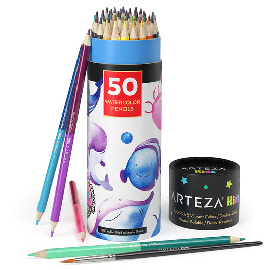 Arteza Kids Watercolor Pencils with Watercolor Brush, Double Sided -Set of 50