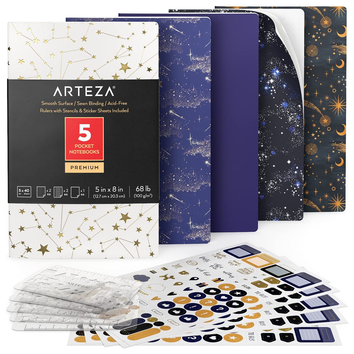 Arteza Pocket Notebooks, Constellations, 5" x 8” - Set of 5