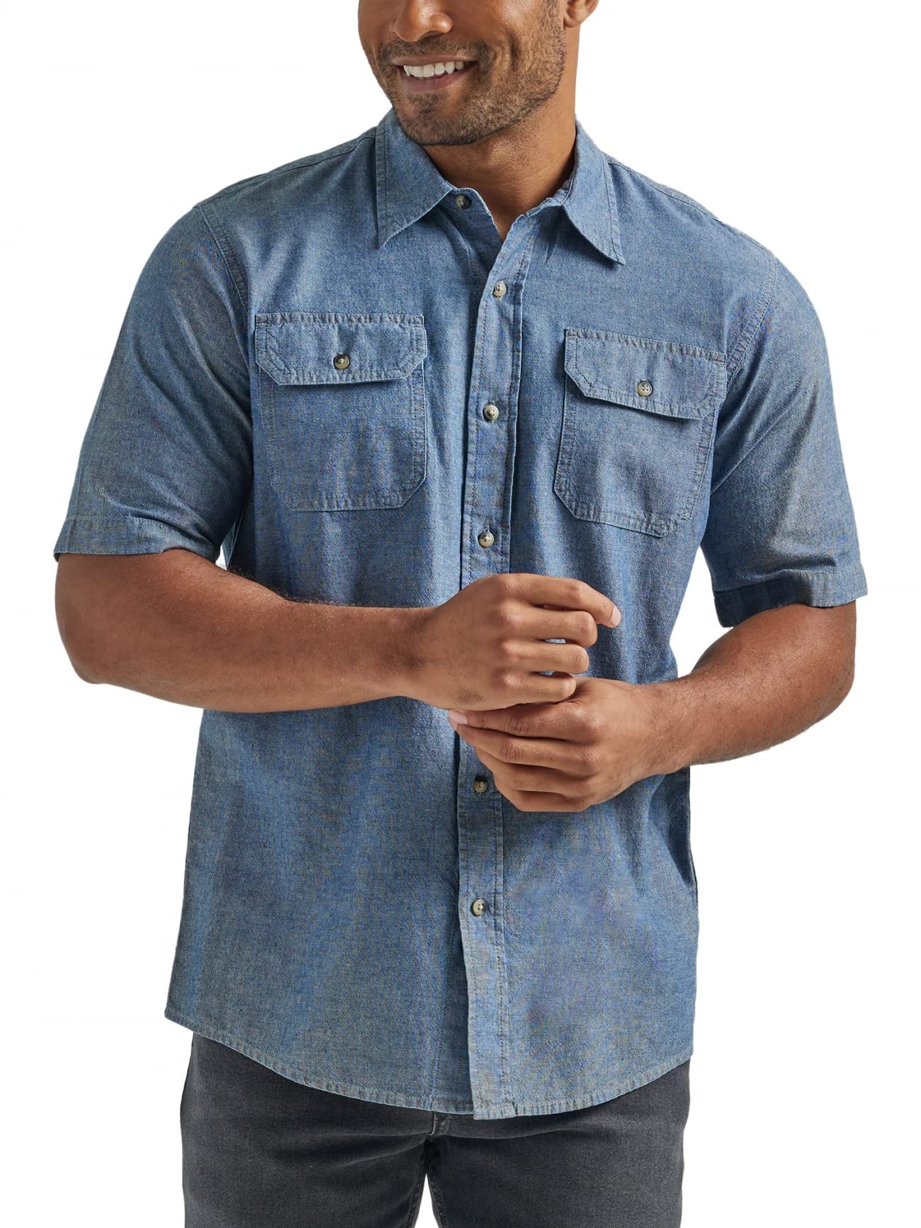 Wrangler Authentics Men's Short Sleeve Classic Twill Shirt, Dark Chambray, 2XL