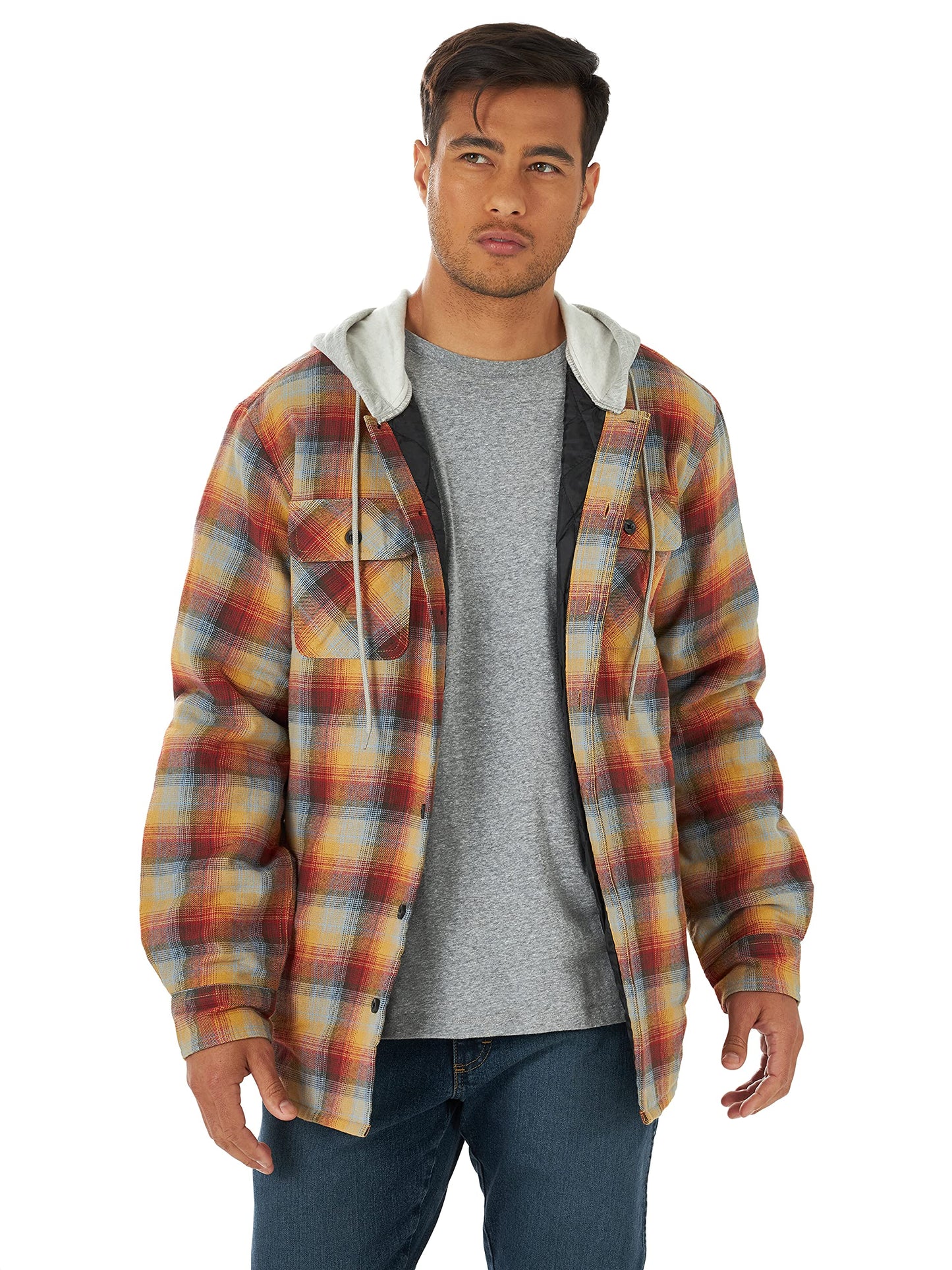 Wrangler Authentics Men's Long Sleeve Quilted Lined Flannel Shirt Jacket with Hood, Red/Yellow, Large