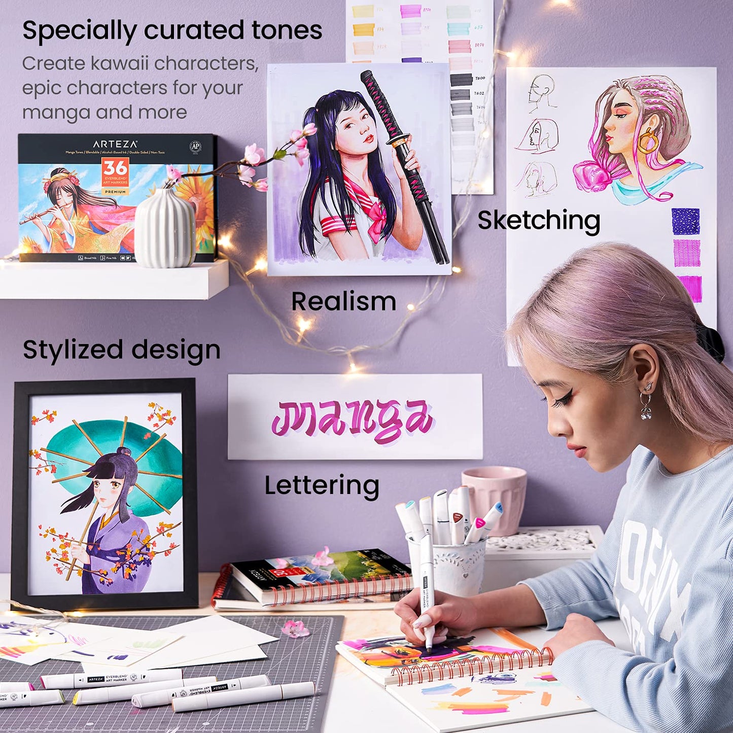 Arteza EverBlend™ Ultra Art Markers, Manga Tones - 36 Colors